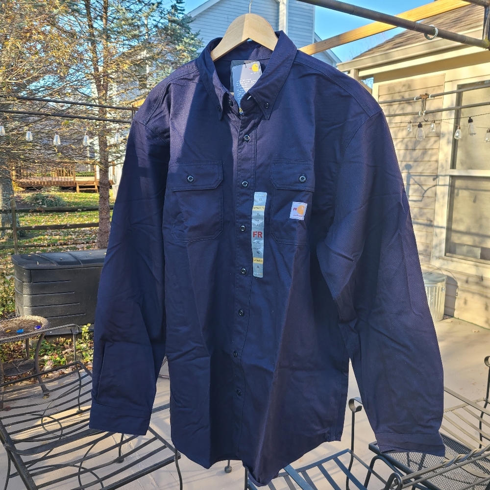 Carhartt Flame Resistant Collared Shirt, Navy, Cotton/Nylon, XL